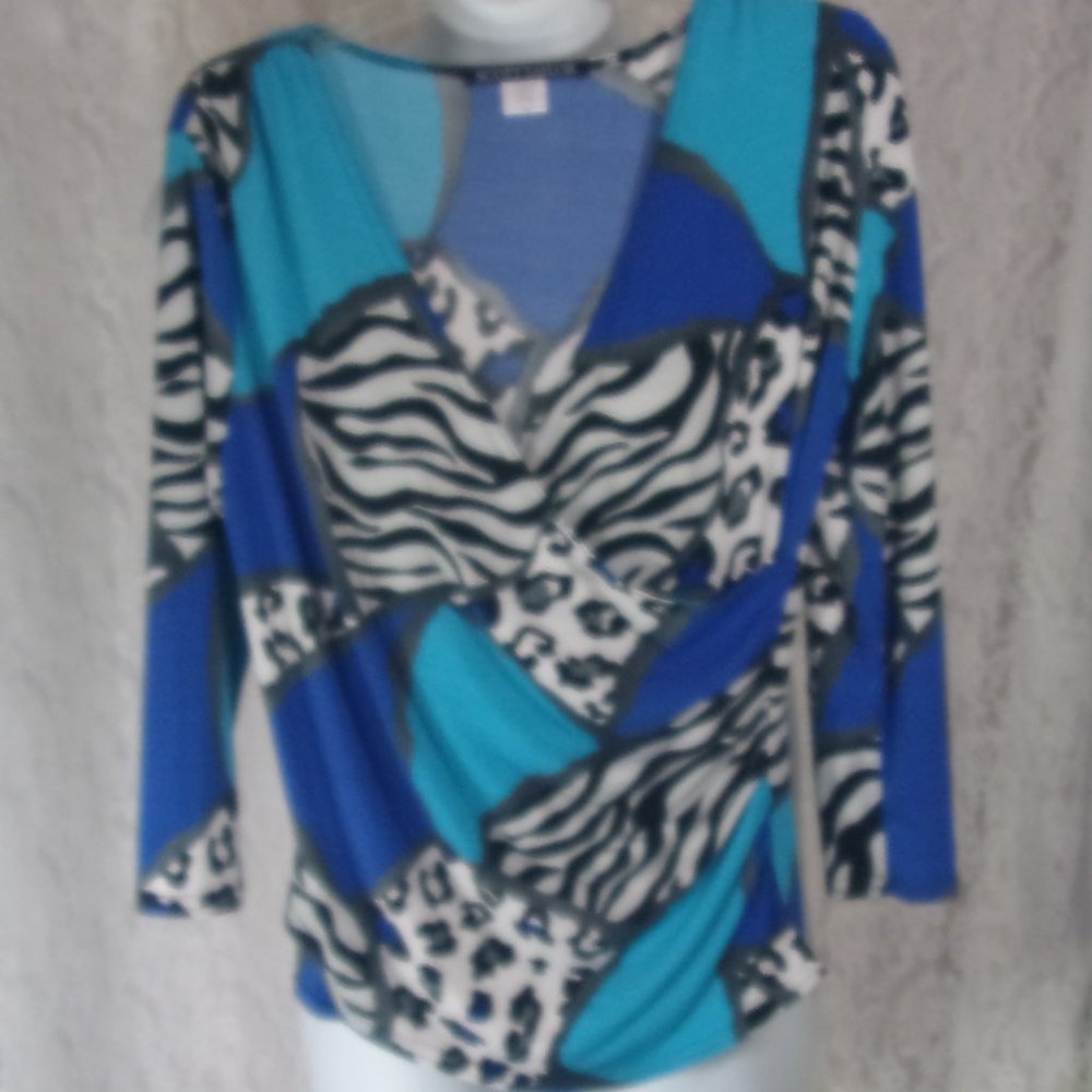 Scott Taylor Sexy Knit Top Blue Black Jungle Print NWOT Size M-L